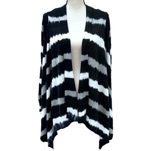 MICHAEL MICHAEL KORS BLACK, WHITE & GRAY STRIPED OPEN FRONT KNIT CARDIGAN